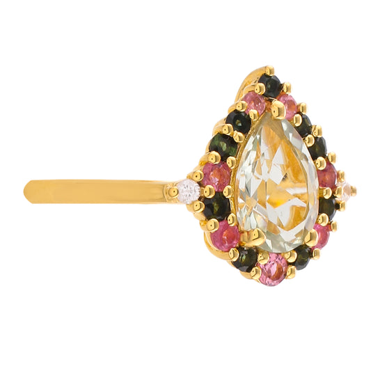 Anel de Prata com Banho de Ouro com Ametista Verde e Turmalina Rosa  Contraste: Cabeca de Veado (800)