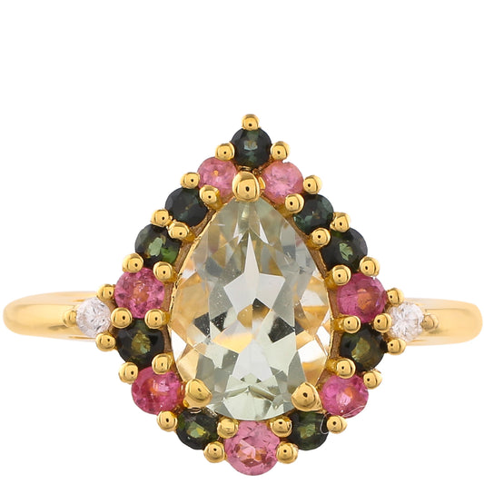 Anel de Prata com Banho de Ouro com Ametista Verde e Turmalina Rosa  Contraste: Cabeca de Veado (800)