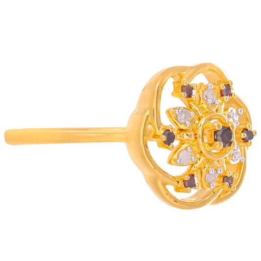Anel de Prata com Banho de Ouro com Diamante Vermelho e Diamante Branco