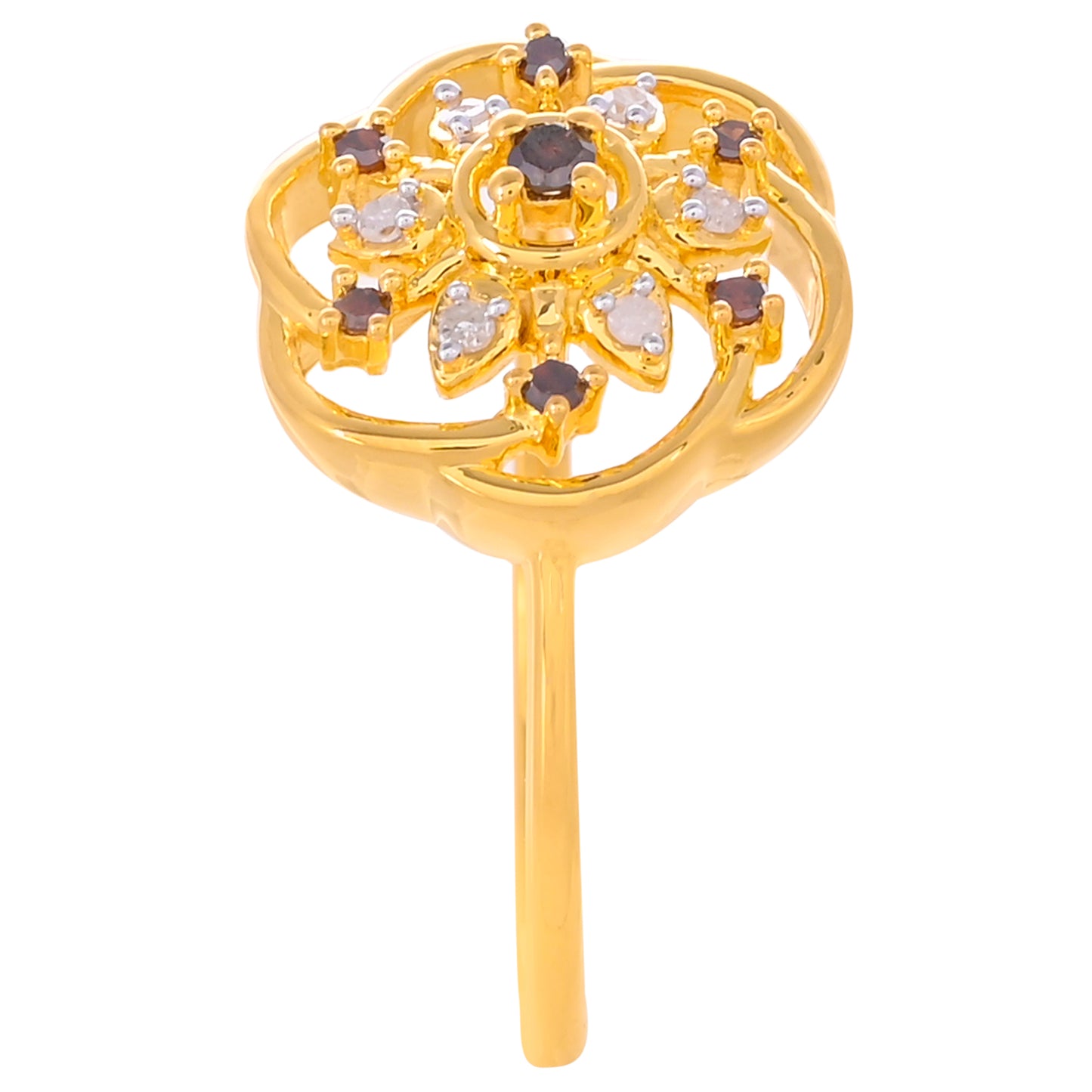 Anel de Prata com Banho de Ouro com Diamante Vermelho e Diamante Branco