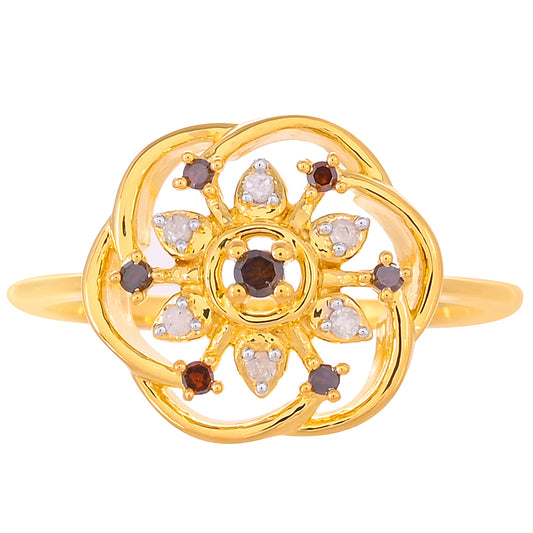 Anel de Prata com Banho de Ouro com Diamante Vermelho e Diamante Branco