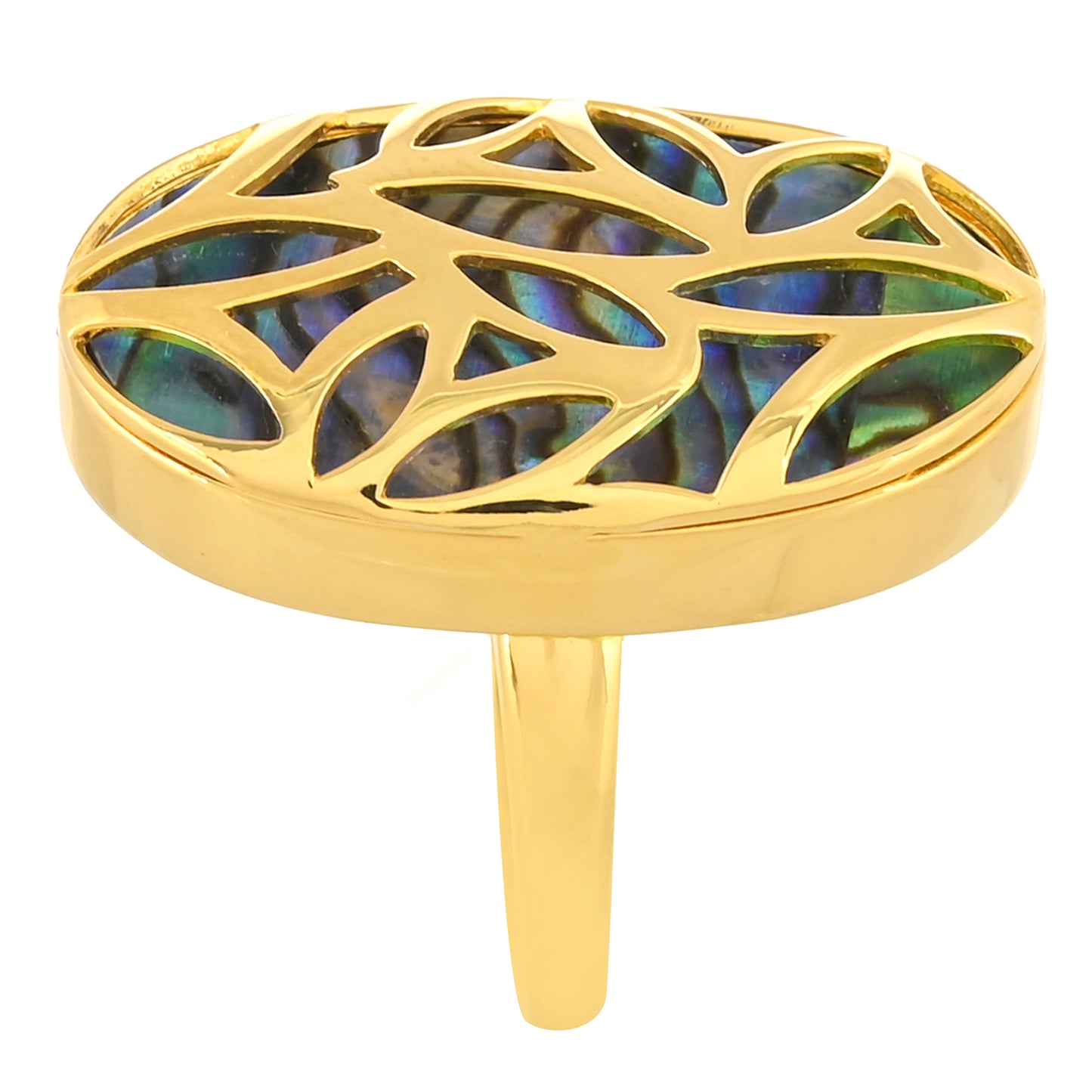 Anel de Prata com Banho de Ouro com Concha Abalone  Contraste: Cabeca de Veado (800)