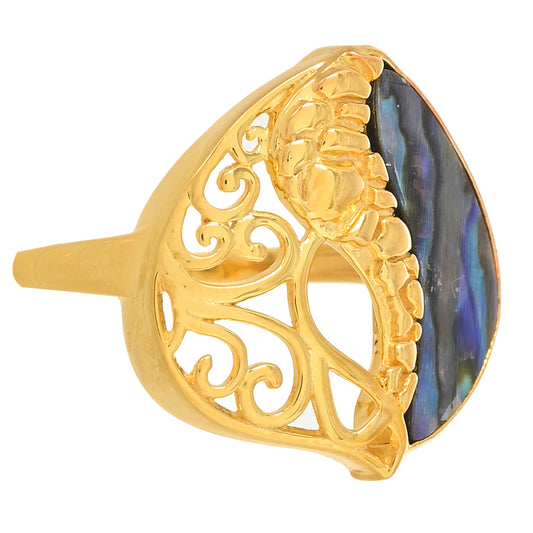 Anel de Prata com Banho de Ouro com Concha Abalone  Contraste: Cabeca de Veado (800)