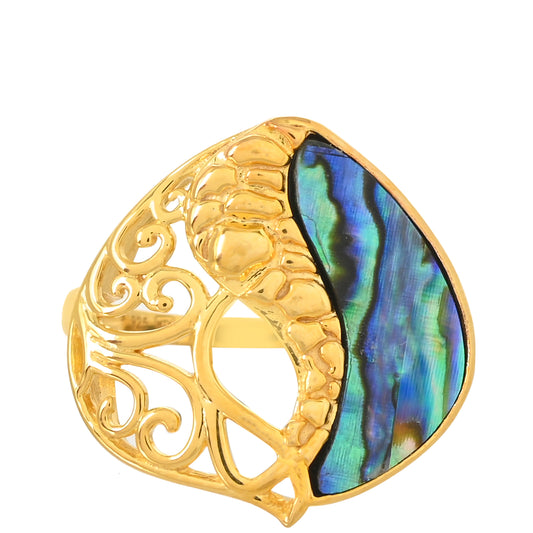 Anel de Prata com Banho de Ouro com Concha Abalone  Contraste: Cabeca de Veado (800)