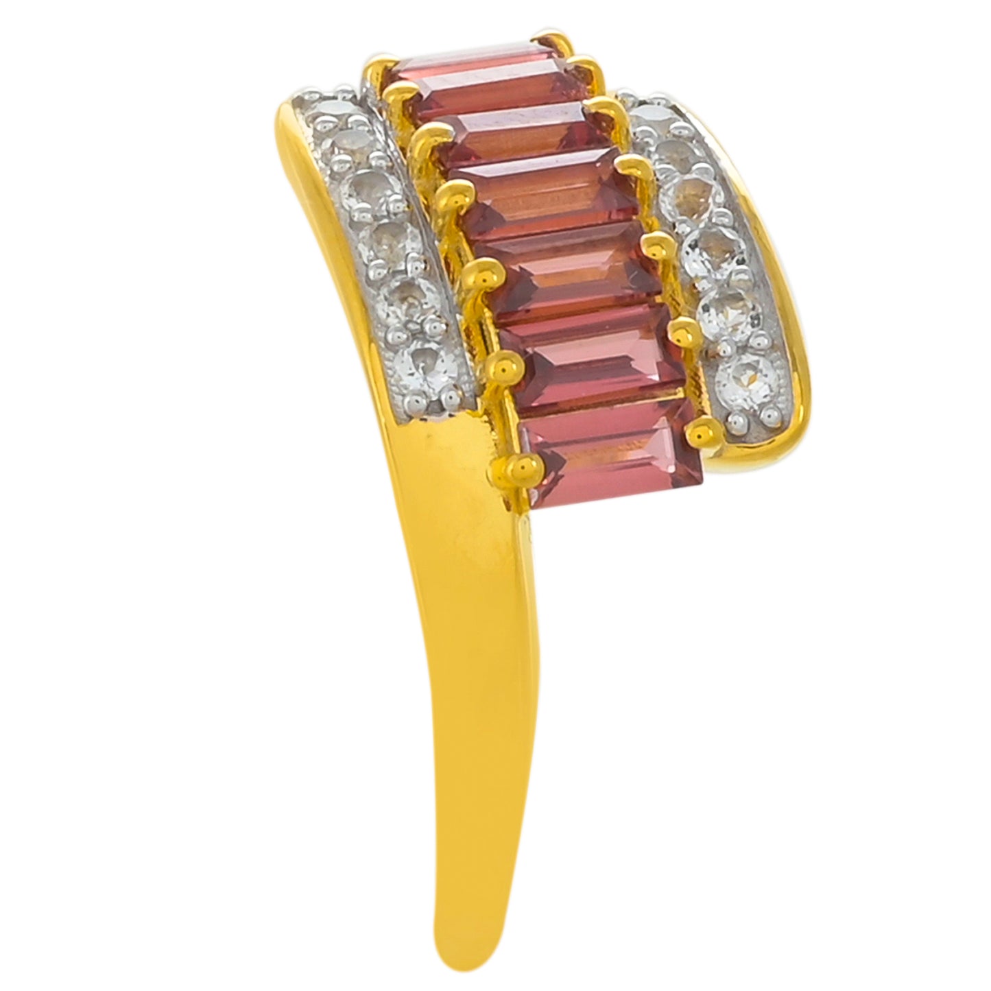 Anel de Prata com Banho de Ouro com Granada de Rhodolite e Topázio Branco  Contraste: Cabeca de Veado (800)