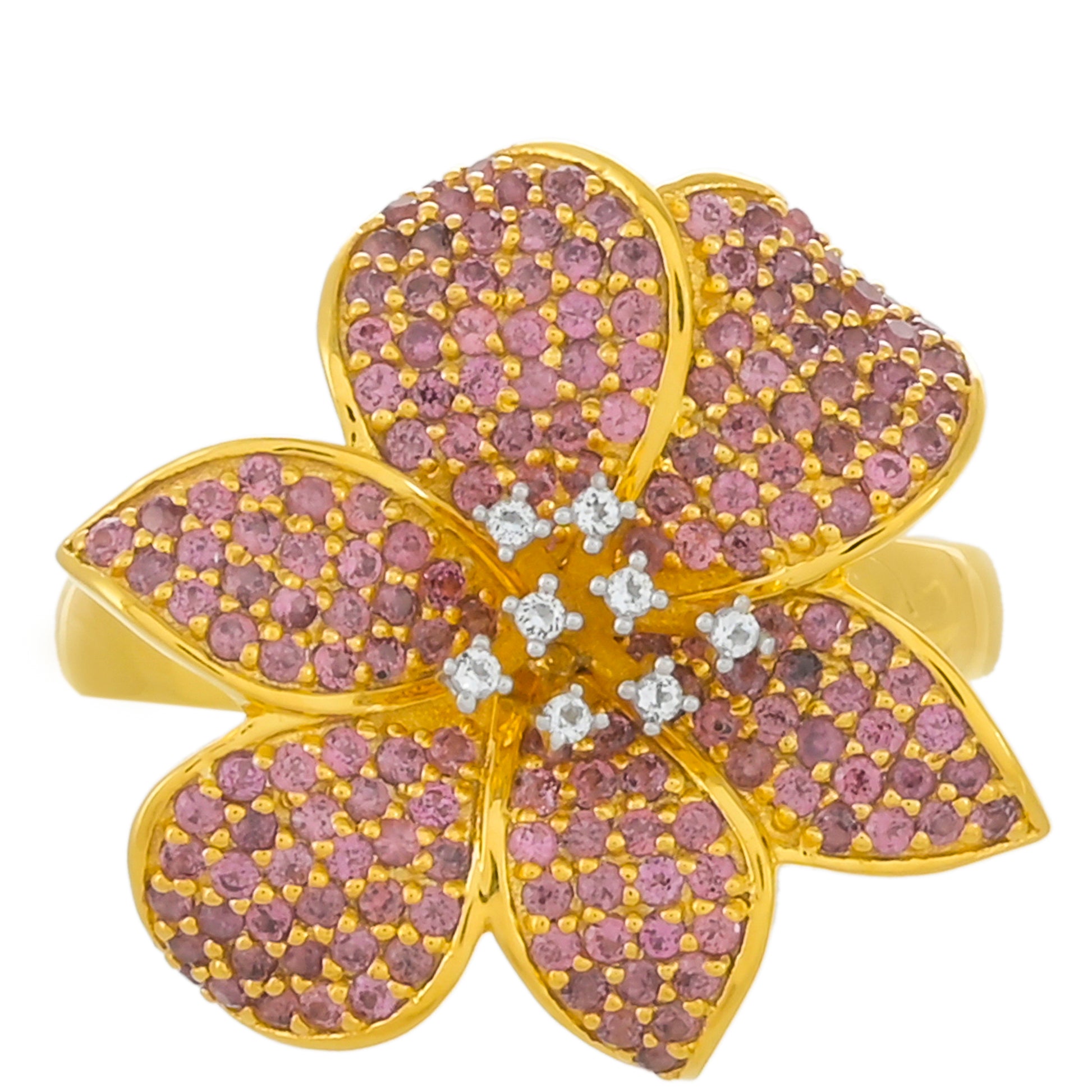 Anel de Prata com Banho de Ouro com Granada de Rhodolite e Topázio Branco  Contraste: Cabeca de Veado (800) 1 