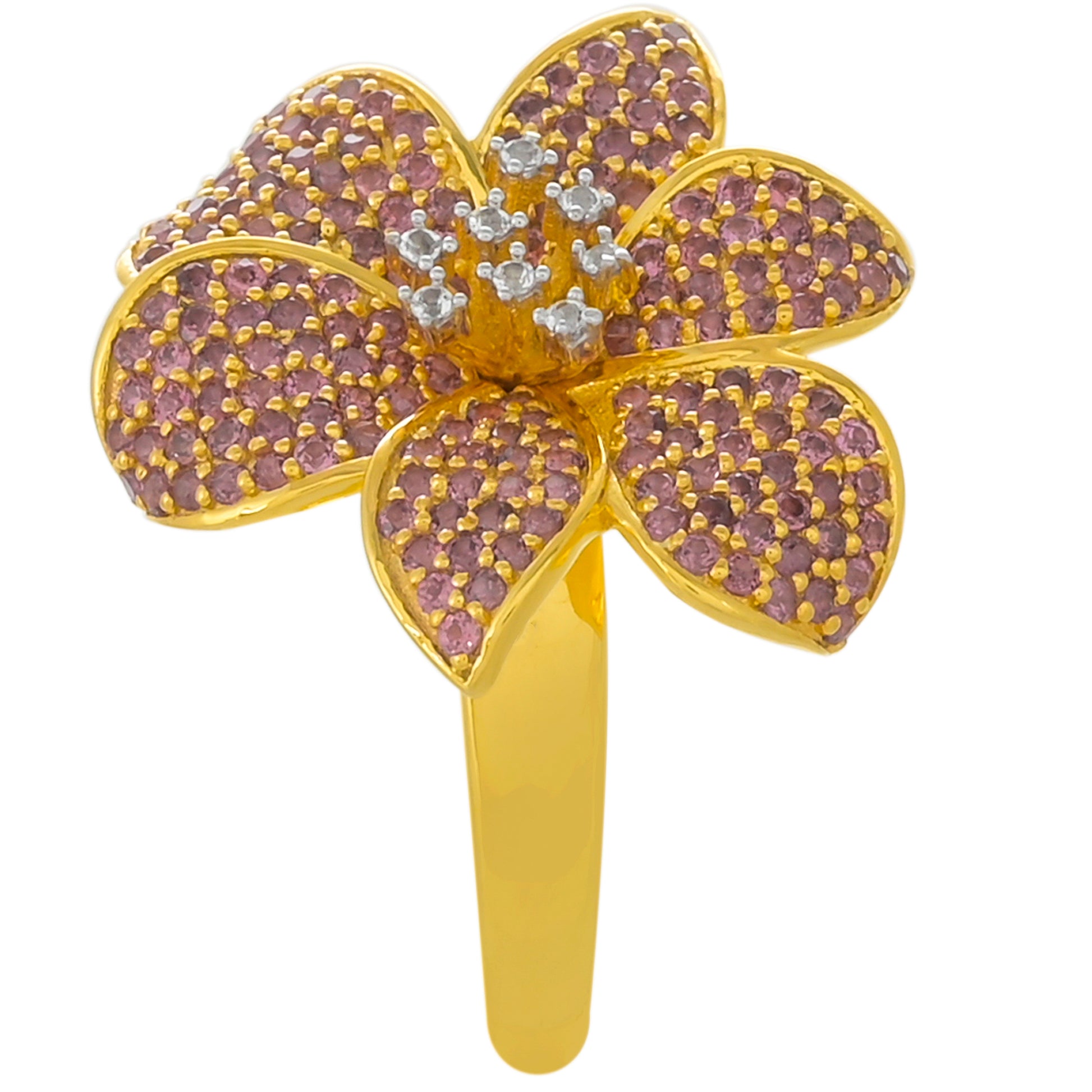 Anel de Prata com Banho de Ouro com Granada de Rhodolite e Topázio Branco  Contraste: Cabeca de Veado (800) 3 