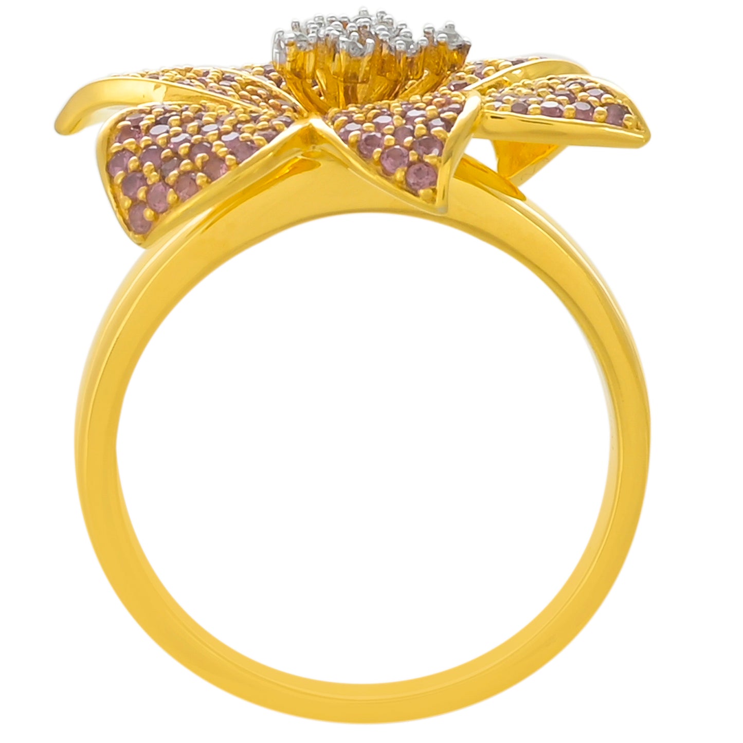 Anel de Prata com Banho de Ouro com Granada de Rhodolite e Topázio Branco  Contraste: Cabeca de Veado (800)