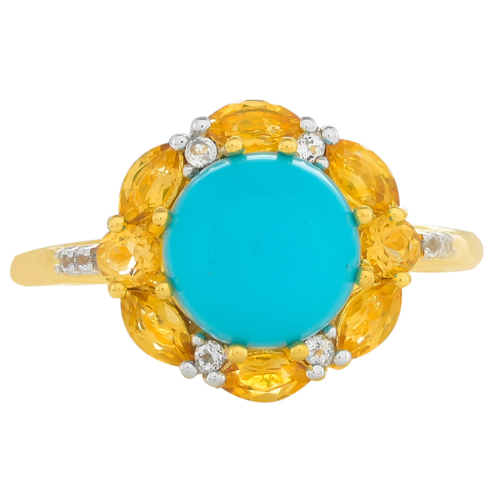 Anel de Prata com Banho de Ouro com Turquesa Bela Adormecida e Citrino 1 