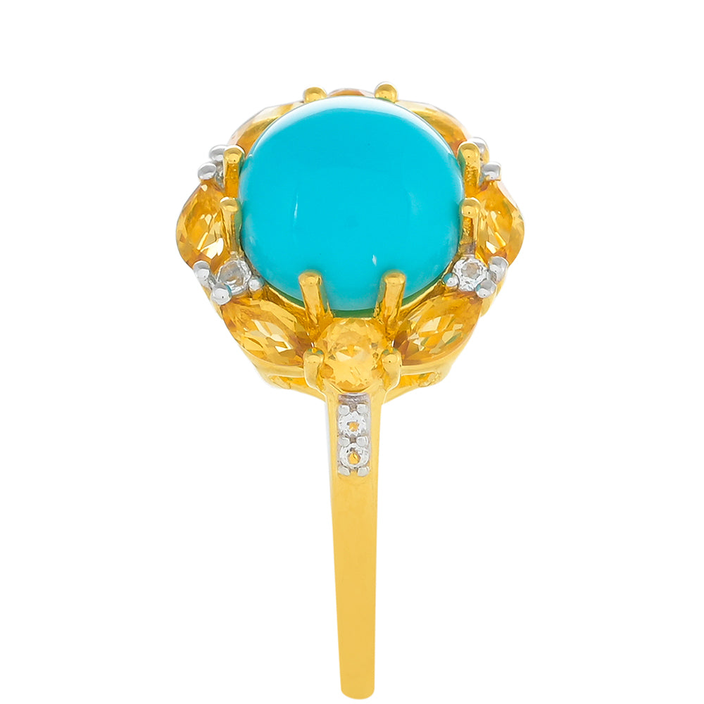 Anel de Prata com Banho de Ouro com Turquesa Bela Adormecida e Citrino 2 