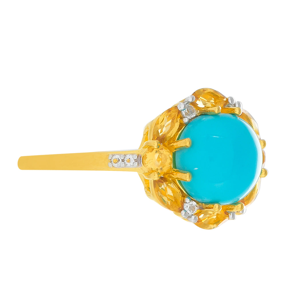 Anel de Prata com Banho de Ouro com Turquesa Bela Adormecida e Citrino