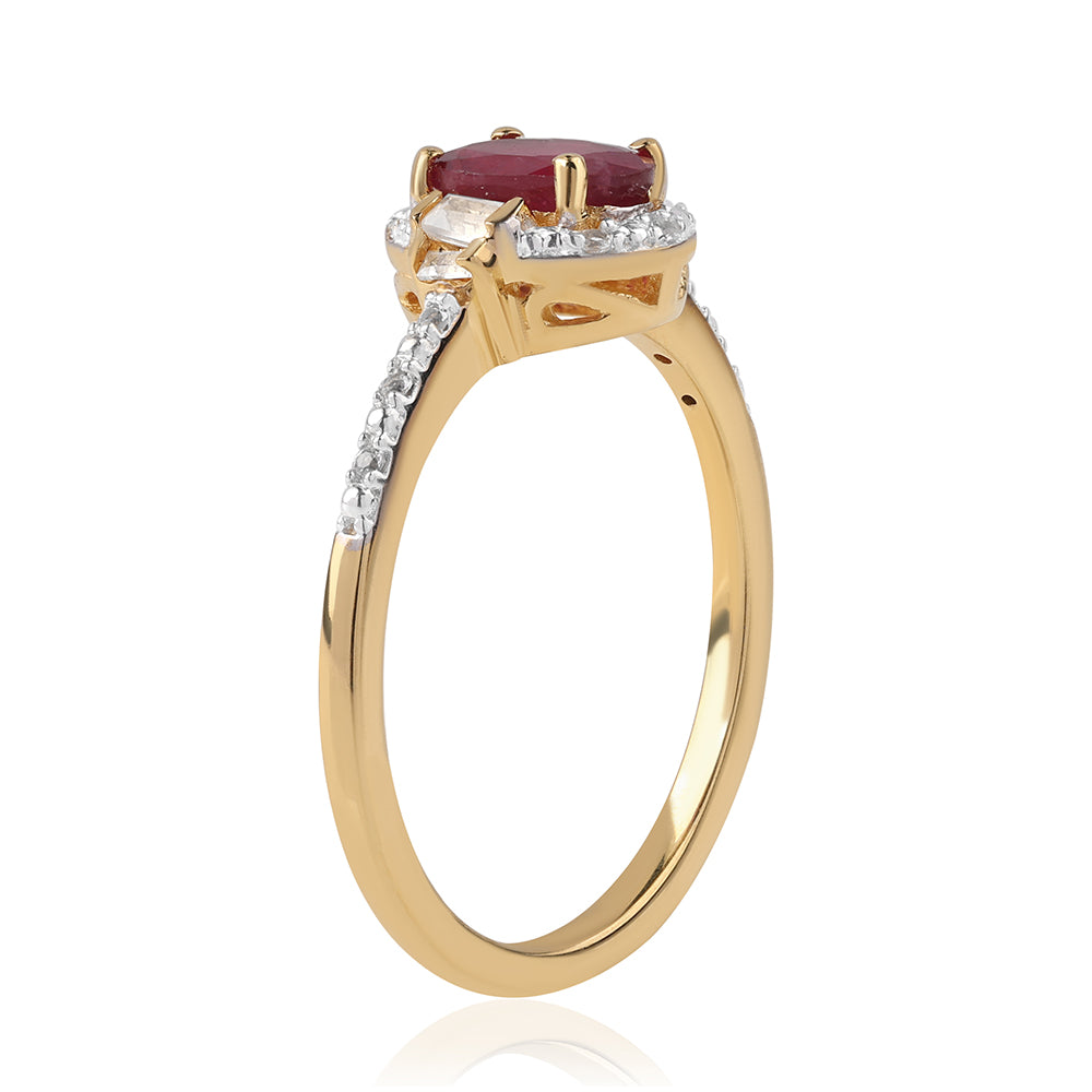 Anel de Prata com Banho de Ouro com Rubi de Moçambique e Topázio Branco