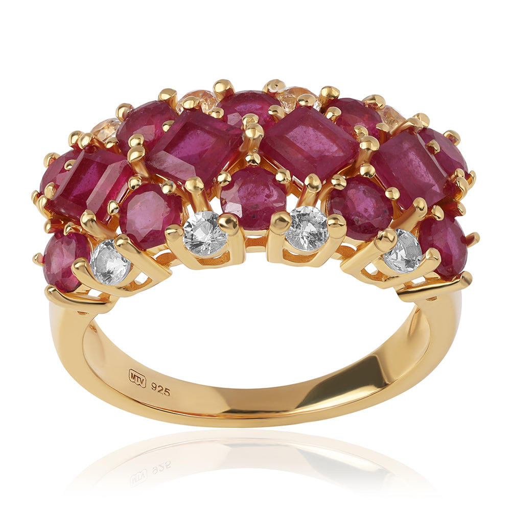 Anel de Prata com Banho de Ouro com Rubi de Moçambique e Topázio Branco  Contraste: Cabeca de Veado (800) 1 