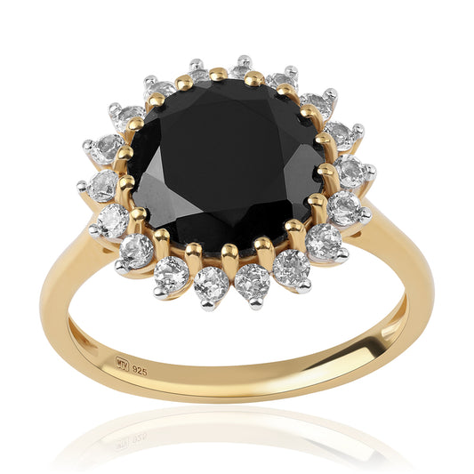 Anel de Prata com Banho de Ouro com Espinela Preta e Topázio Branco  Contraste: Cabeca de Veado (800)