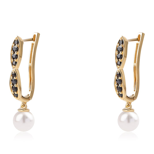 Brincos de Prata com Banho de Ouro com Espinela Preta e Pérola de Água Doce Branca