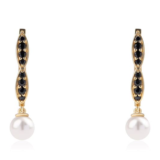 Brincos de Prata com Banho de Ouro com Espinela Preta e Pérola de Água Doce Branca