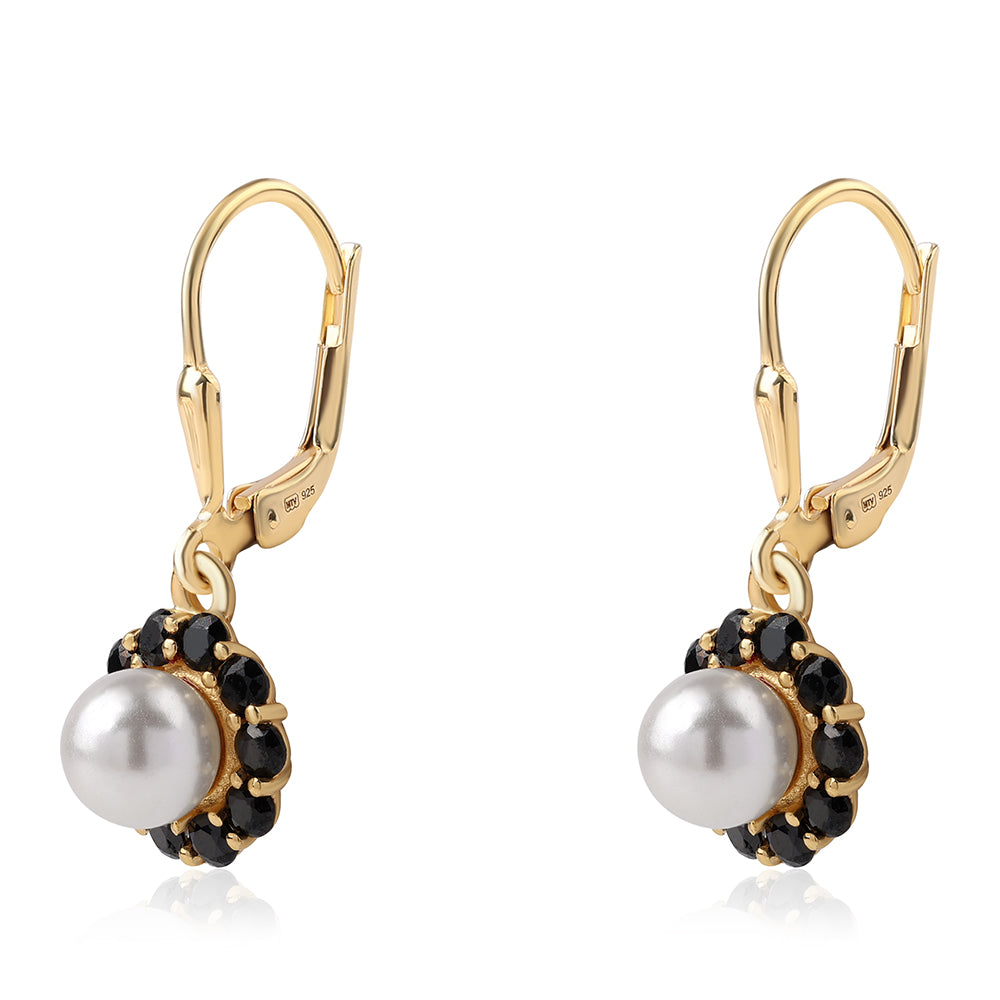 Brincos de Prata com Banho de Ouro com Espinela Preta e Pérola de Água Doce Branca 1 