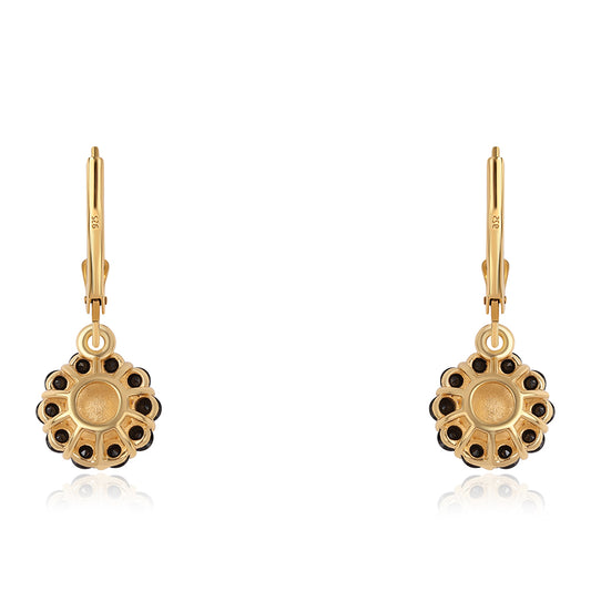 Brincos de Prata com Banho de Ouro com Espinela Preta e Pérola de Água Doce Branca