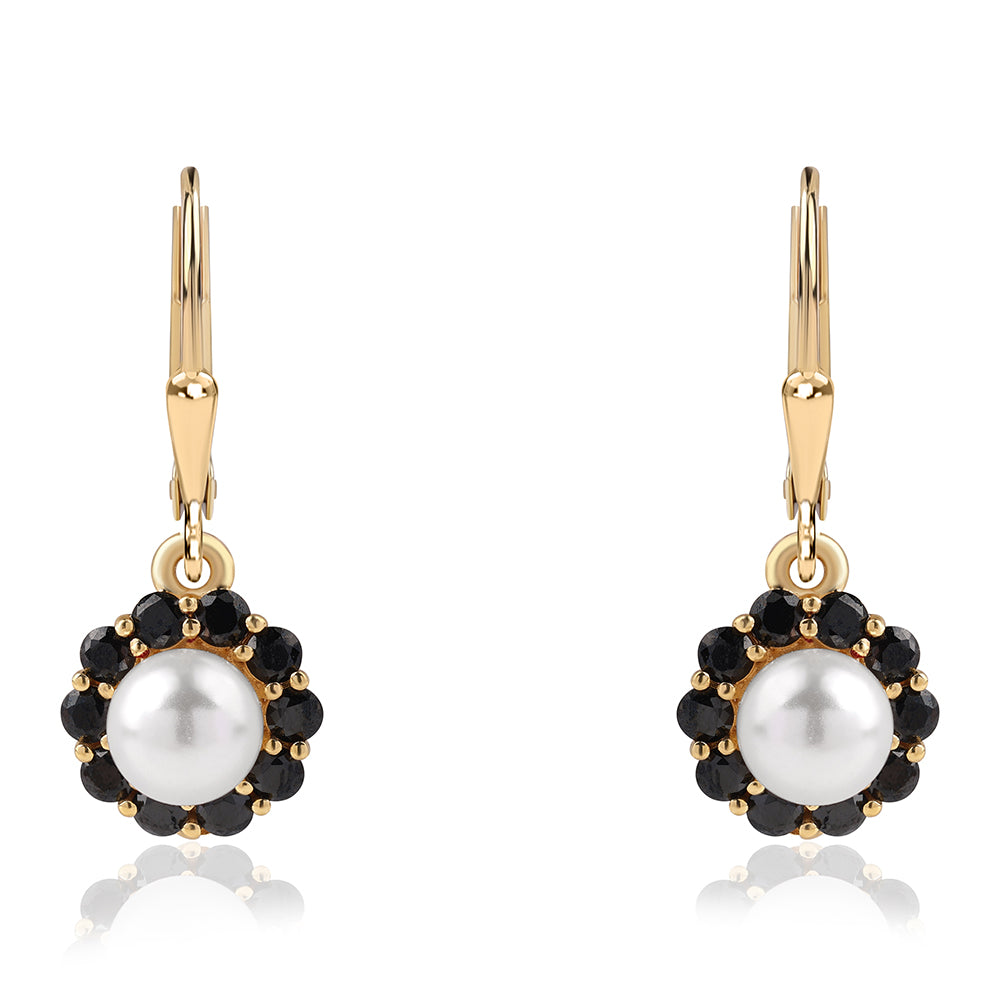 Brincos de Prata com Banho de Ouro com Espinela Preta e Pérola de Água Doce Branca 4 