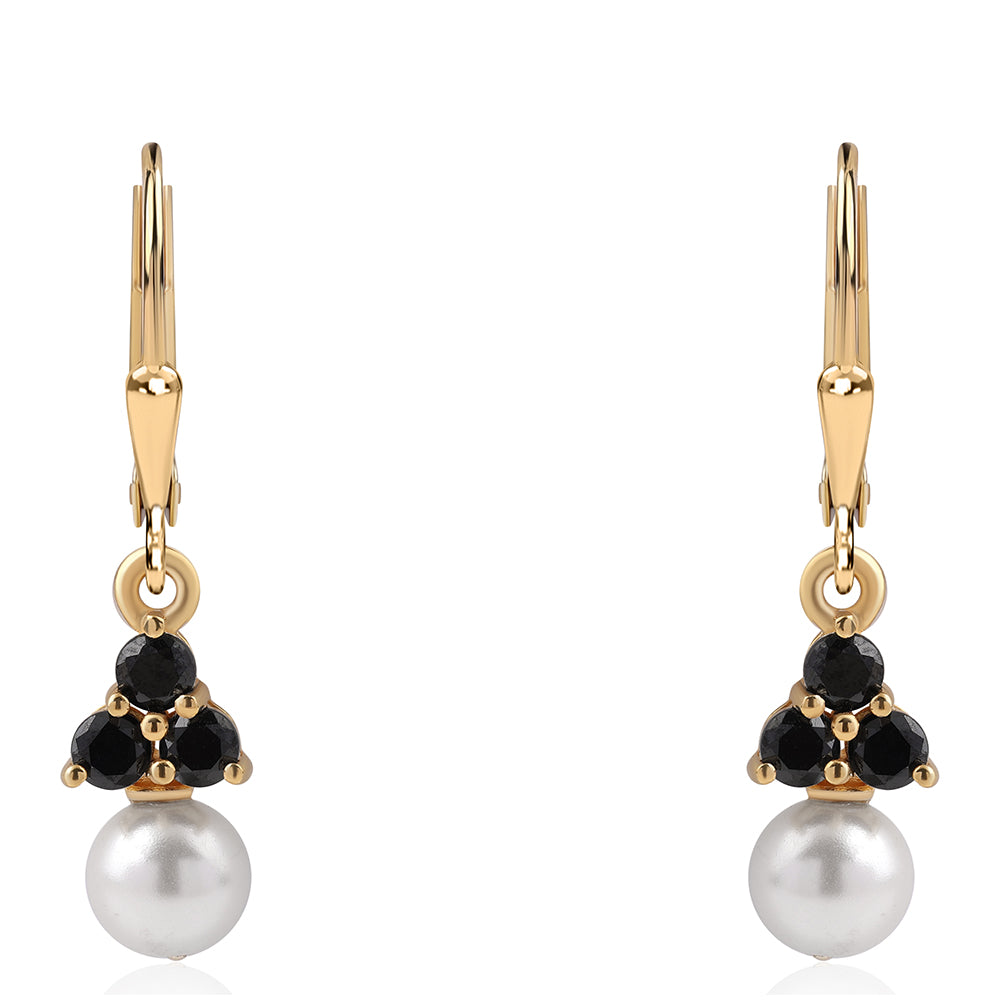 Brincos de Prata com Banho de Ouro com Espinela Preta e Pérola de Água Doce Branca 1 
