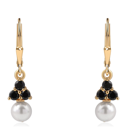 Brincos de Prata com Banho de Ouro com Espinela Preta e Pérola de Água Doce Branca