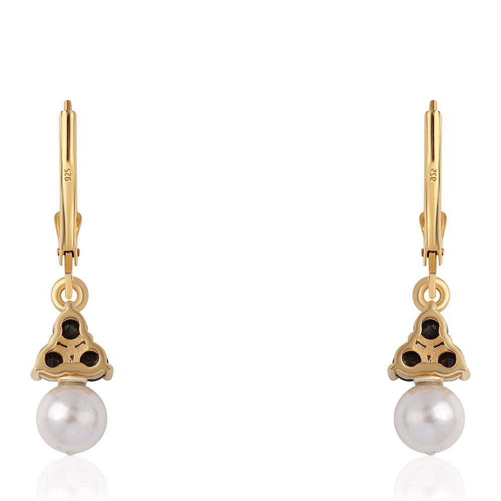 Brincos de Prata com Banho de Ouro com Espinela Preta e Pérola de Água Doce Branca 6 