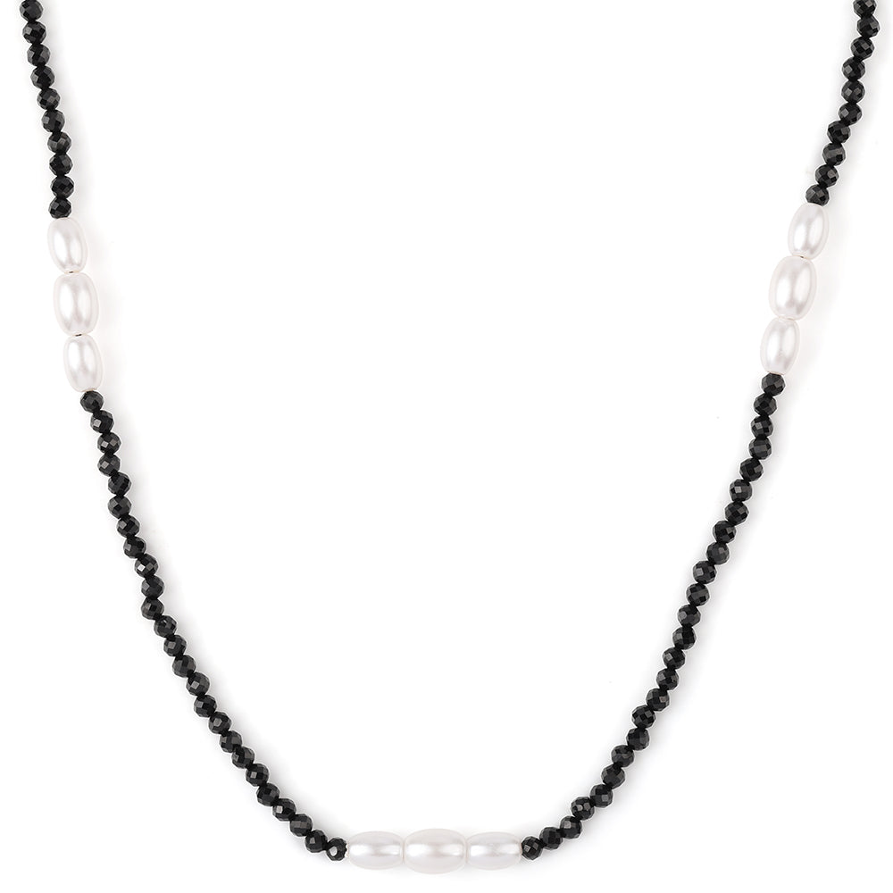 Colar de Prata com Banho de Ouro com Espinela Preta e Pérola de Água Doce Branca