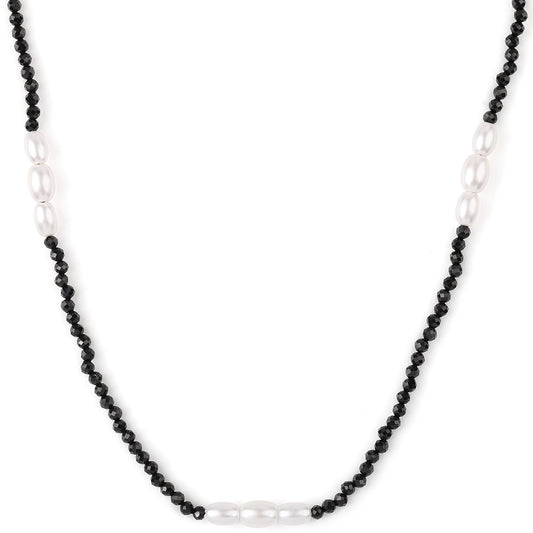 Colar de Prata com Banho de Ouro com Espinela Preta e Pérola de Água Doce Branca