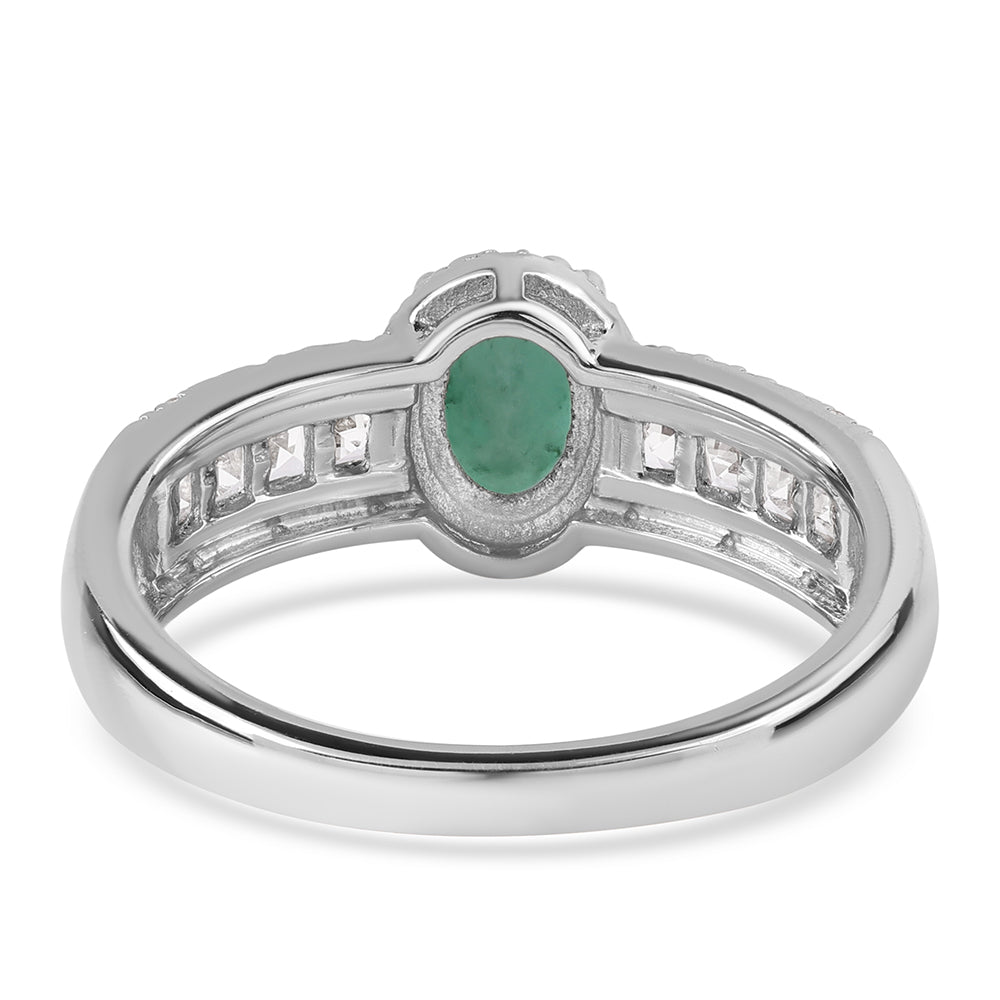 Anel de Prata com Esmeralda do Brasil e Topázio Branco  Contraste: Cabeca de Veado (800)