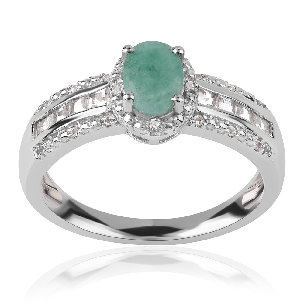 Anel de Prata com Esmeralda do Brasil e Topázio Branco  Contraste: Cabeca de Veado (800) 5 