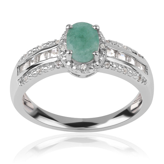 Anel de Prata com Esmeralda do Brasil e Topázio Branco  Contraste: Cabeca de Veado (800)