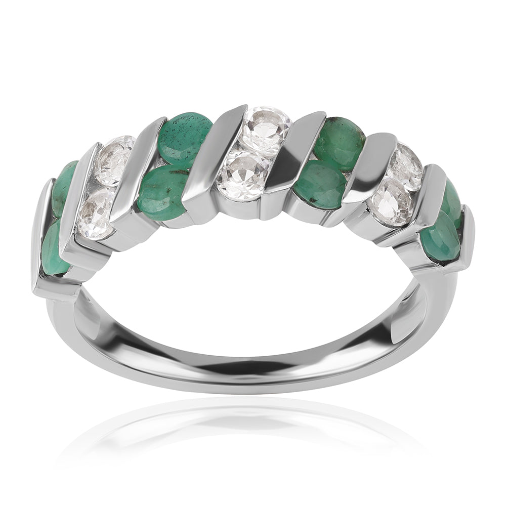 Anel de Prata com Esmeralda do Brasil e Topázio Branco  Contraste: Cabeca de Veado (800) 4 