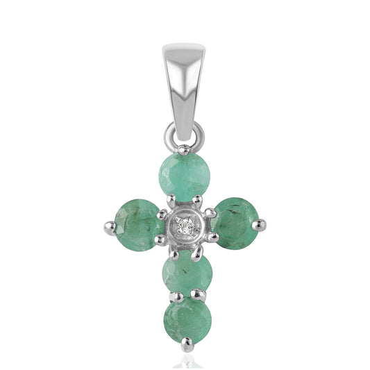 Cruz Pendente de Prata com Esmeralda do Brasil e Topázio Branco