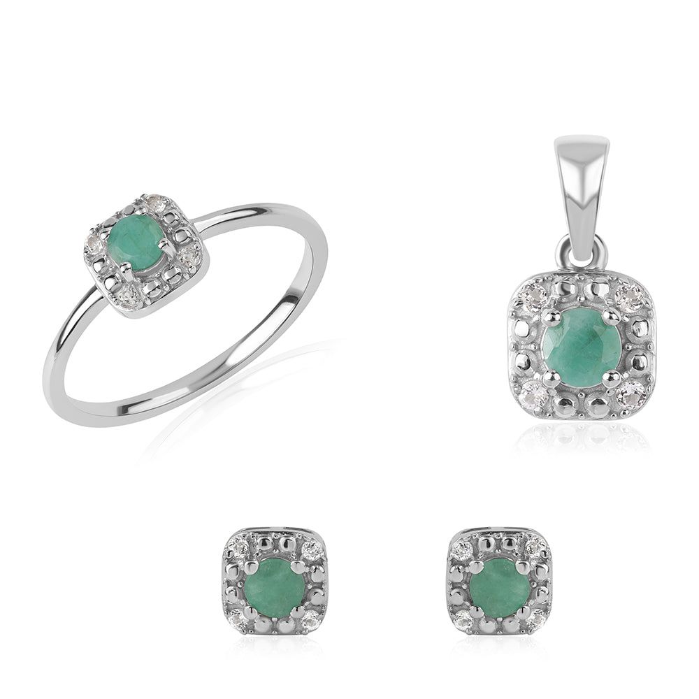Conjunto de Prata com Esmeralda do Brasil e Topázio Branco ( Brincos+Anel+Pendente )  Contraste: Cabeca de Veado (800)