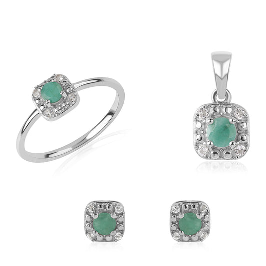 Conjunto de Prata com Esmeralda do Brasil e Topázio Branco ( Brincos+Anel+Pendente )  Contraste: Cabeca de Veado (800)