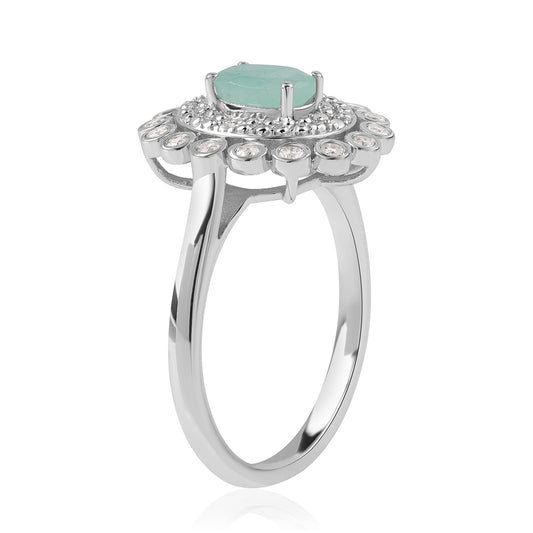 Anel de Prata com Esmeralda do Brasil e Topázio Branco  Contraste: Cabeca de Veado (800)