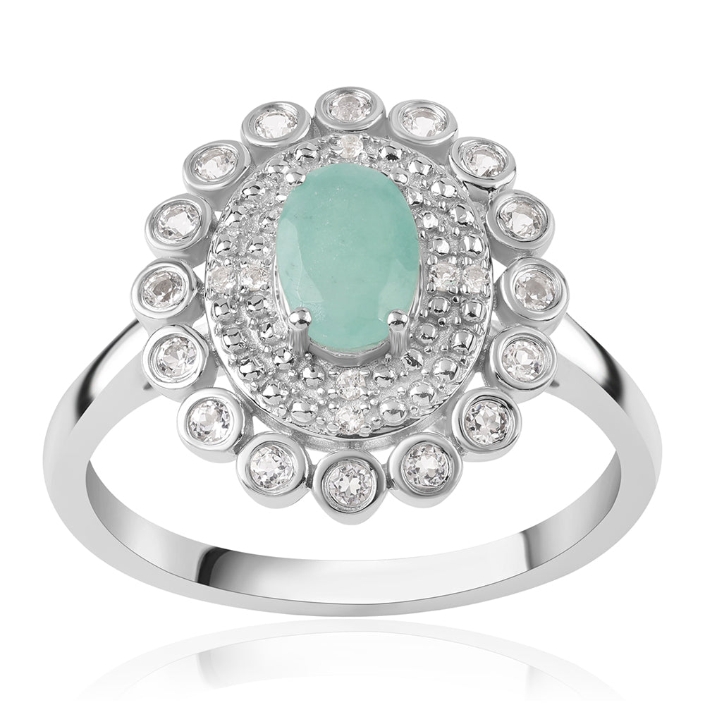 Anel de Prata com Esmeralda do Brasil e Topázio Branco  Contraste: Cabeca de Veado (800) 6 