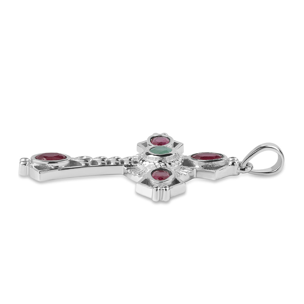 Cruz Pendente de Prata com Esmeralda do Brasil e Rubi de Moçambique  Contraste: Cabeca de Veado (800)