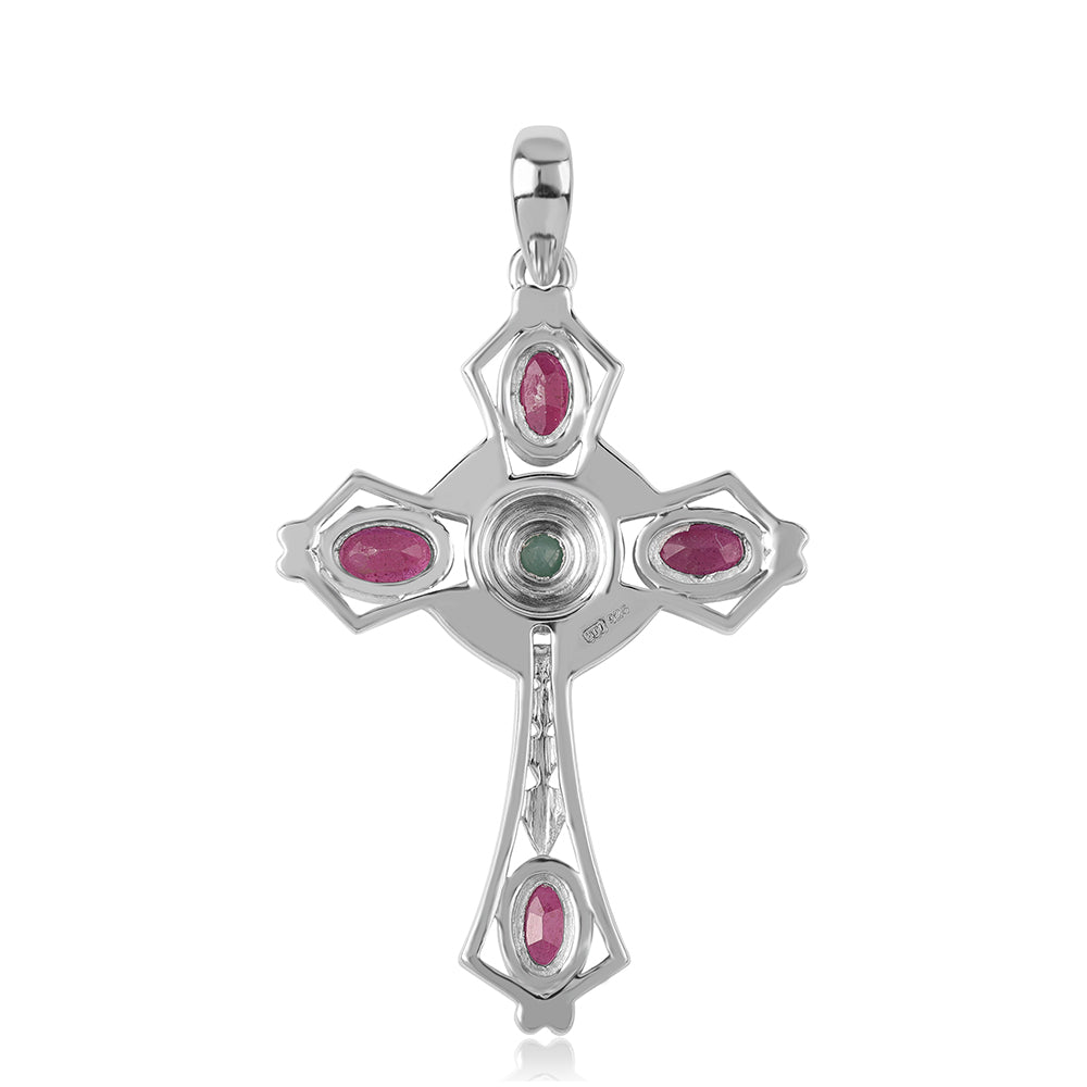 Cruz Pendente de Prata com Esmeralda do Brasil e Rubi de Moçambique  Contraste: Cabeca de Veado (800)