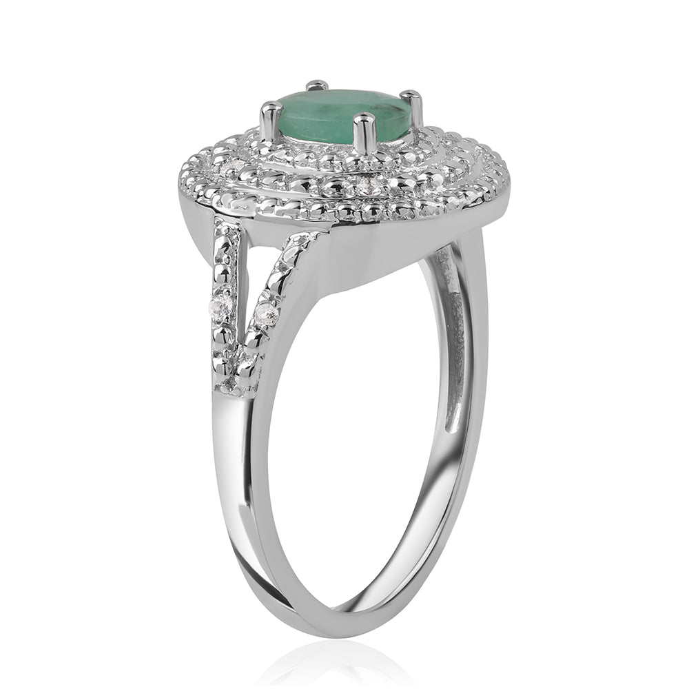 Anel de Prata com Esmeralda do Brasil e Topázio Branco  Contraste: Cabeca de Veado (800) 2 