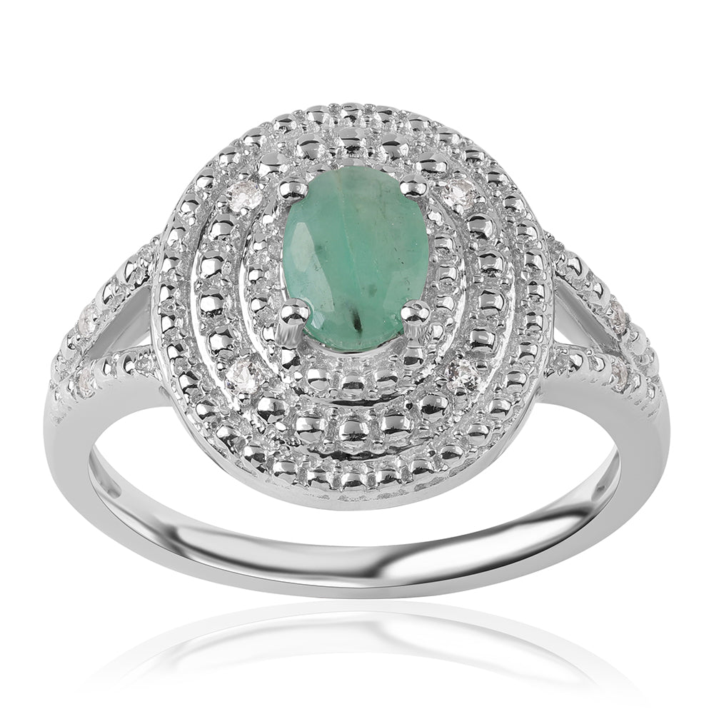 Anel de Prata com Esmeralda do Brasil e Topázio Branco  Contraste: Cabeca de Veado (800) 1 