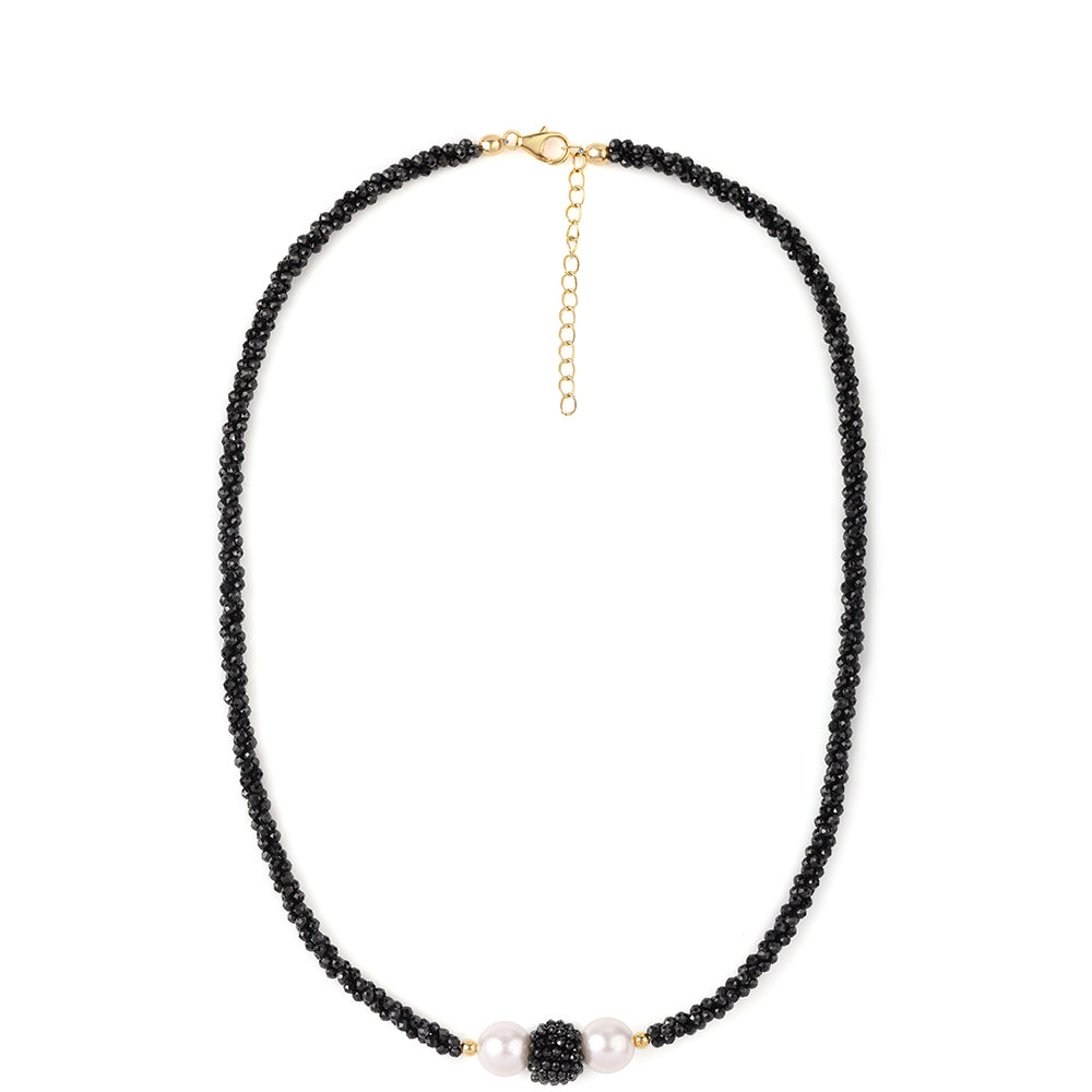Colar de Prata com Banho de Ouro com Espinela Preta e Pérola de Água Doce Branca 1 