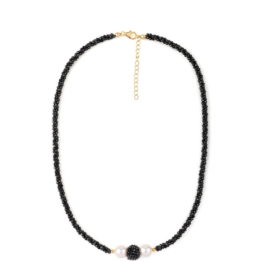 Colar de Prata com Banho de Ouro com Espinela Preta e Pérola de Água Doce Branca