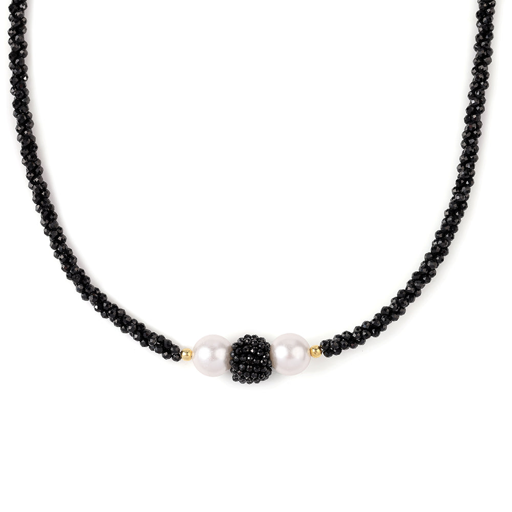 Colar de Prata com Banho de Ouro com Espinela Preta e Pérola de Água Doce Branca 3 