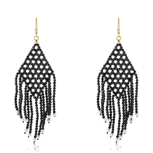 Brincos de Prata com Banho de Ouro com Espinela Preta e Pérola de Água Doce Branca