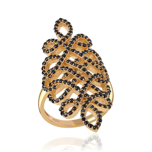 Anel de Prata com Banho de Ouro com Espinela Preta  Contraste: Cabeca de Veado (800)