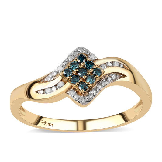 Anel de Prata com Banho de Ouro com Diamante Azul e Diamante Branco