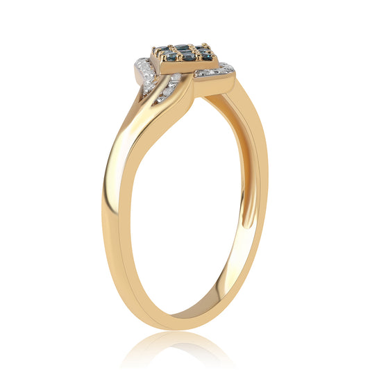 Anel de Prata com Banho de Ouro com Diamante Azul e Diamante Branco