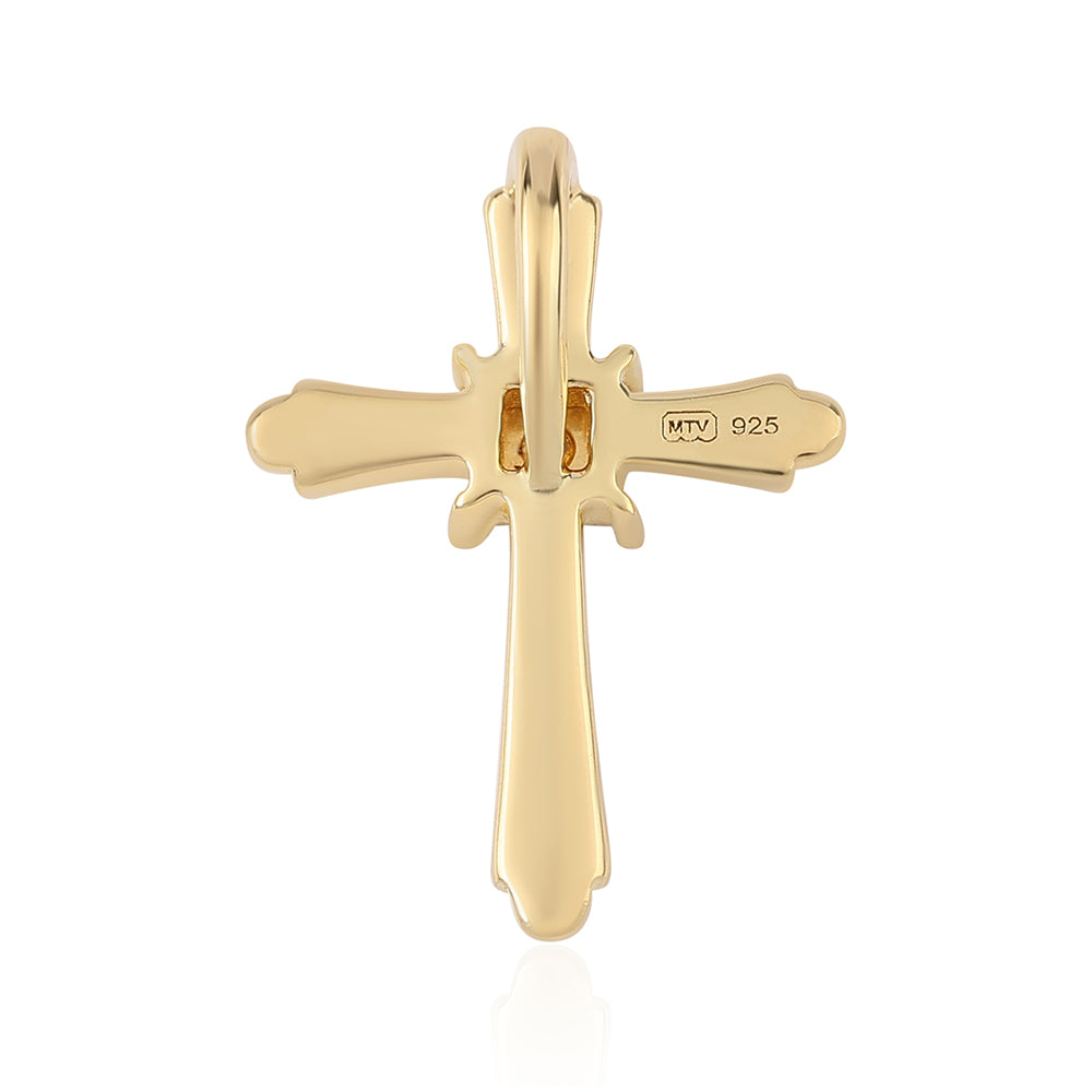 Cruz Pendente de Prata com Banho de Ouro com Diamante Branco