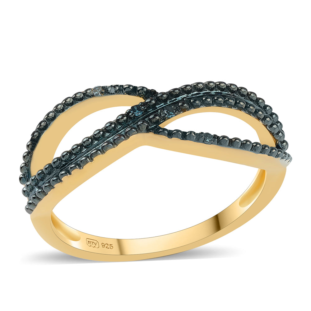 Anel de Prata com Banho de Ouro com Diamante Azul